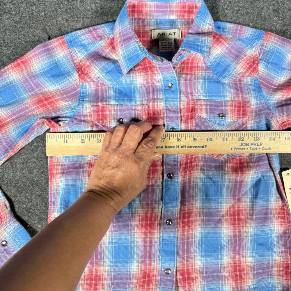 Ariat Youth Medium 10 Blue Pink Plaid Western Long Sleeve Pearl Snap Shirt - Picture 4 of 6